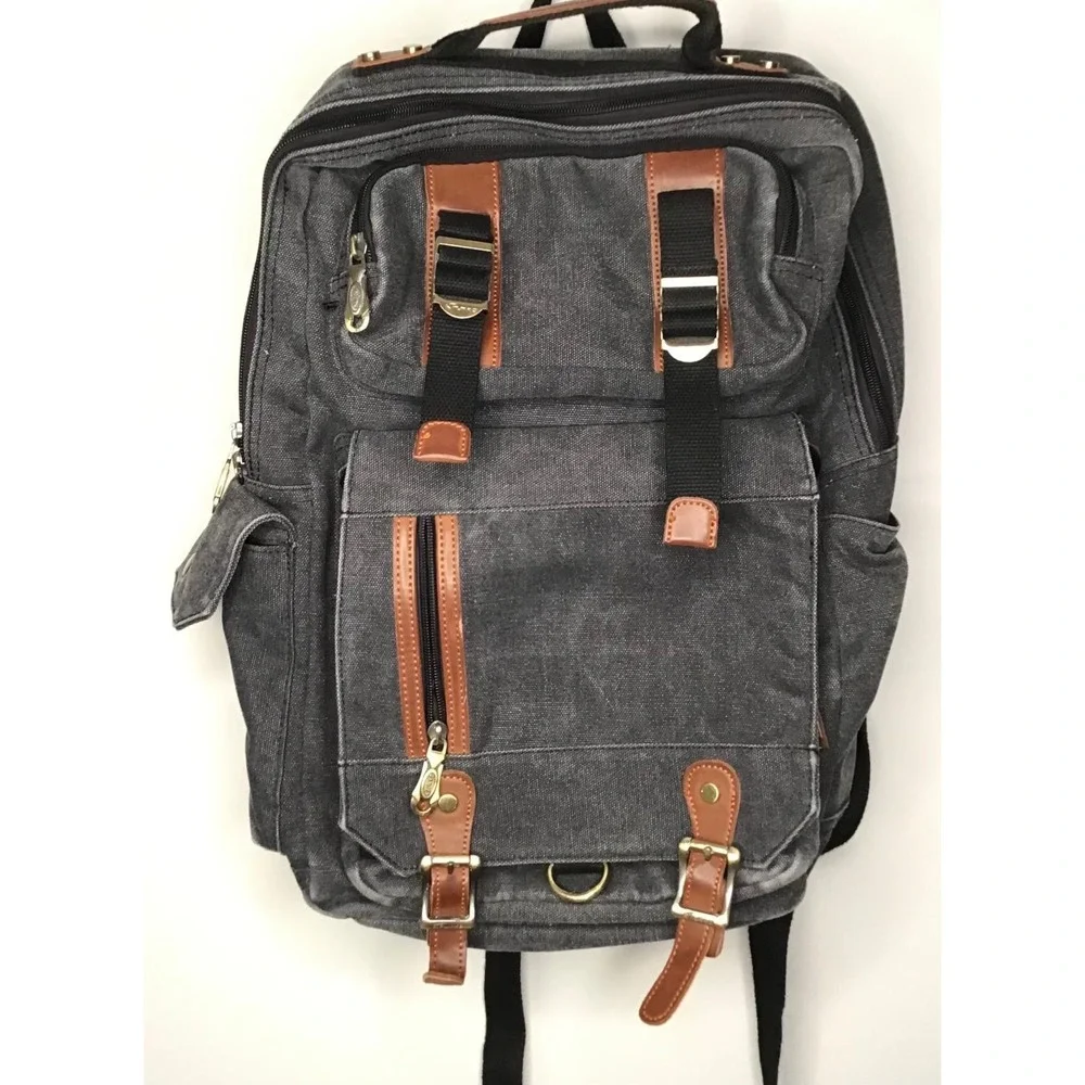 Kaukko Canvas Backpack Rucksack Charcoal Gray Leather Trim Travel Laptop School